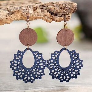 Intricate Cutout Wood & Vegan Leather Navy Blue Dangle Earrings